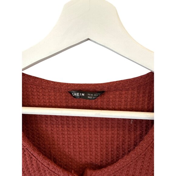 Shein Ribbed Knit Cropped Top XS Rust Red Button Up Lettuce Hem Casual Holidays - Picture 2 of 6